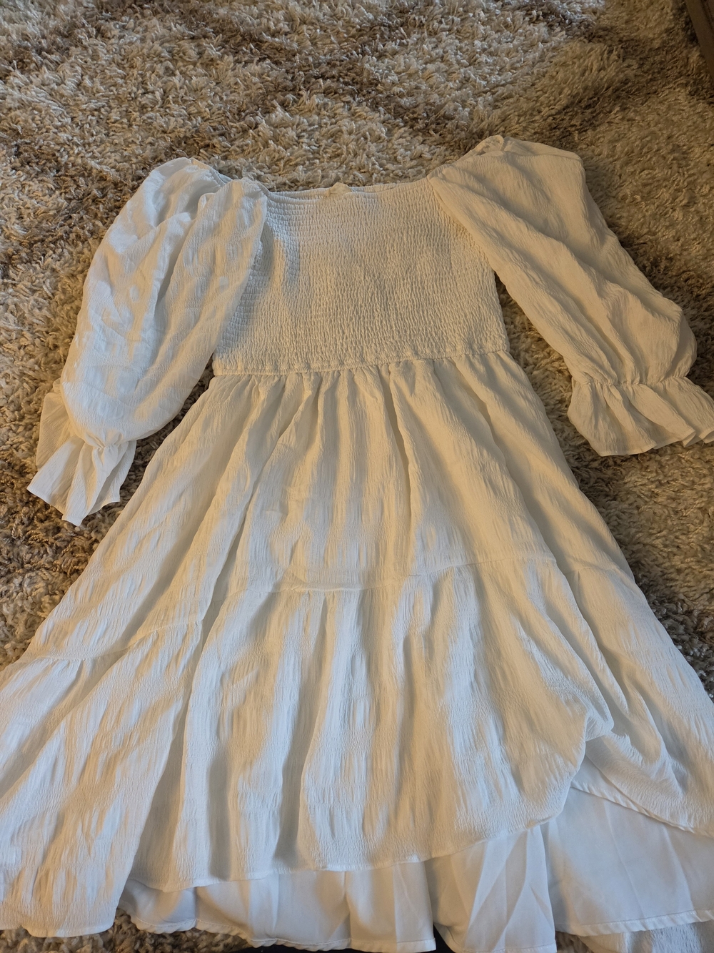 Joyfolie White Smocked Midi Dress with Puff Sleeves